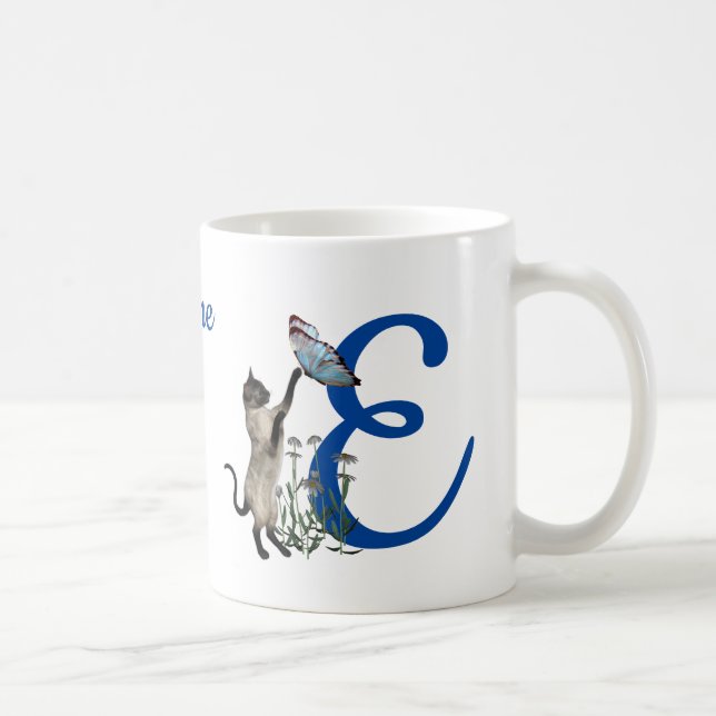 Siamese Cat Butterfly Monogram Initial E Name Coffee Mug (Right)