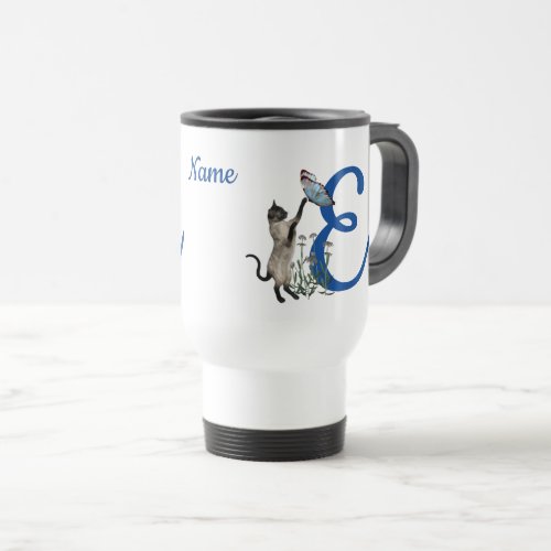 Siamese Cat Butterfly Monogram Initial E Name  Travel Mug