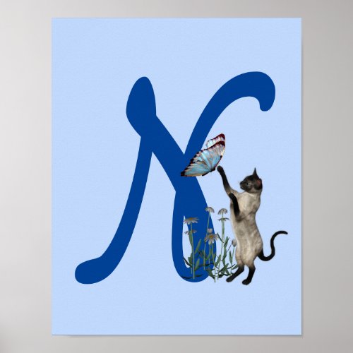 Siamese Cat Butterfly Monogram Initial N Poster