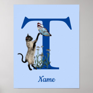 Siamese Cat Butterfly Monogram Initial T Name Poster