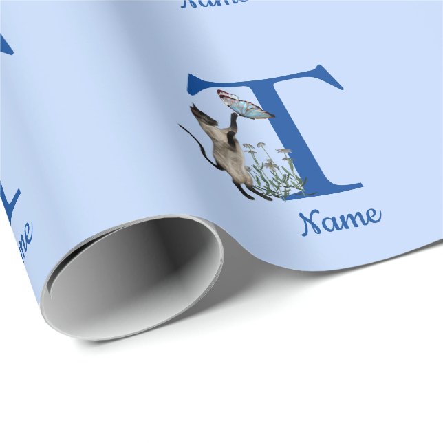 Siamese Cat Butterfly Monogram Initial T Name Wrapping Paper (Roll Corner)