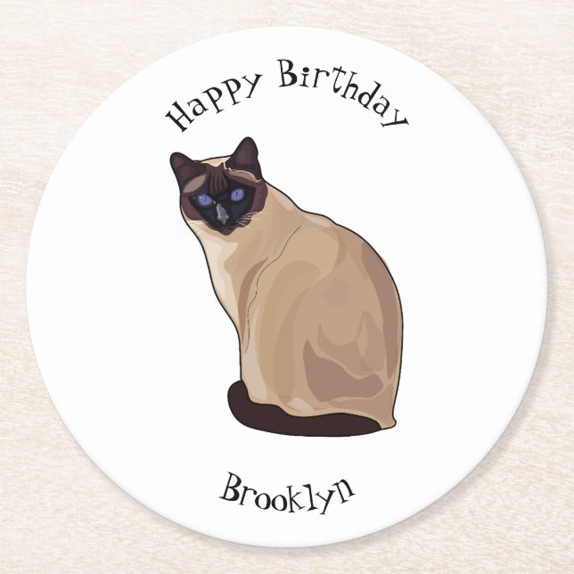 Siamese cat cartoon illustration round paper coaster (Front)