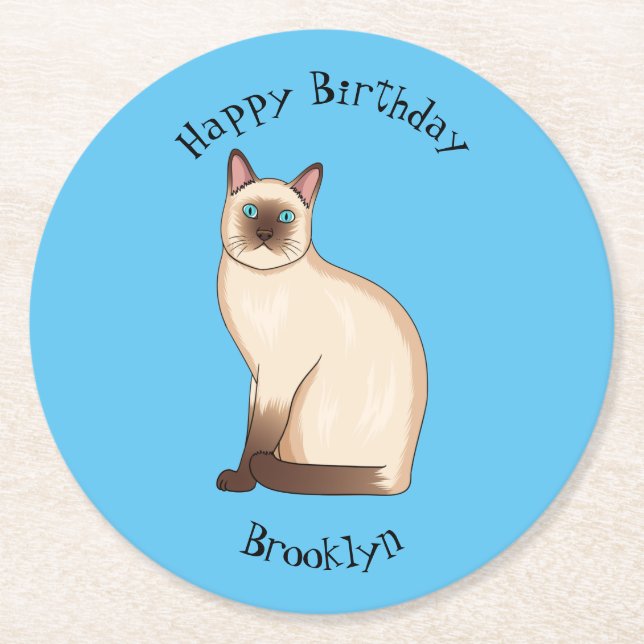 Siamese cat cartoon illustration round paper coaster (Front)