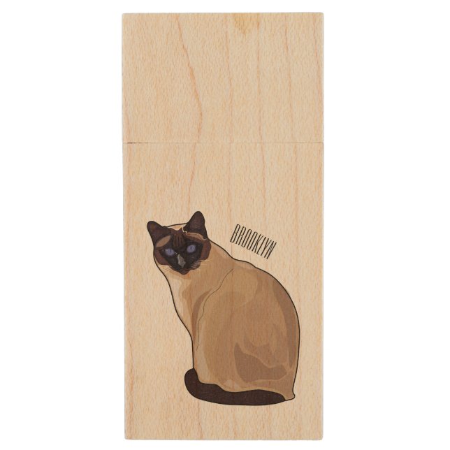 Siamese cat cartoon illustration  wood flash drive (Front Vertical)