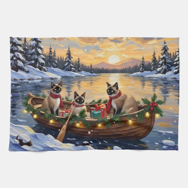 Siamese Cat Christmas Boat Holiday Kitchen Towel (Horizontal)