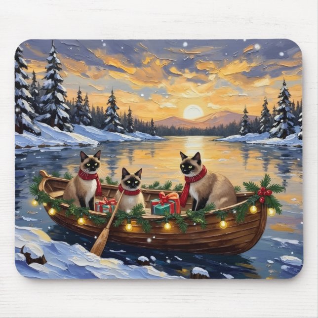 Siamese Cat Christmas Boat Holiday Mouse Pad (Front)
