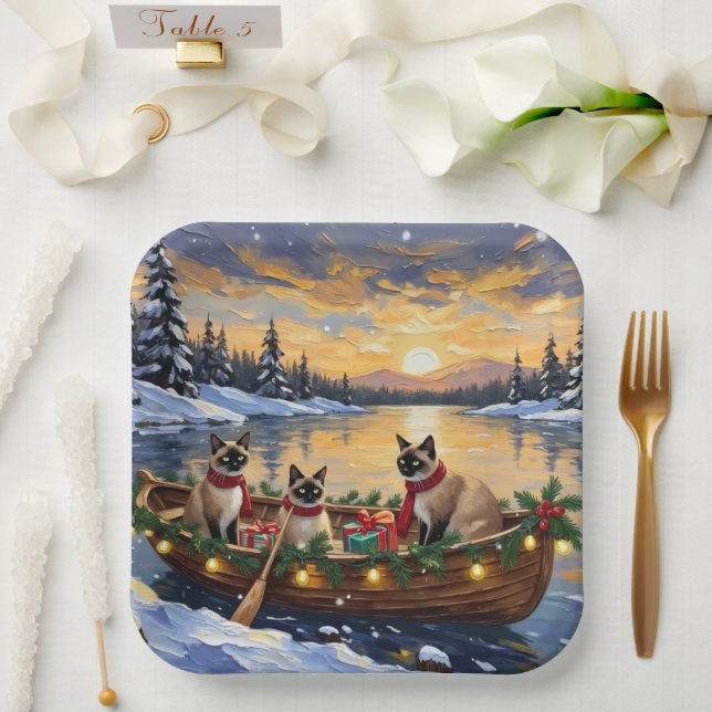 Siamese Cat Christmas Boat Holiday Paper Plates (Wedding)