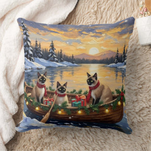 Siamese Cat Christmas Boat Holiday Throw Pillow