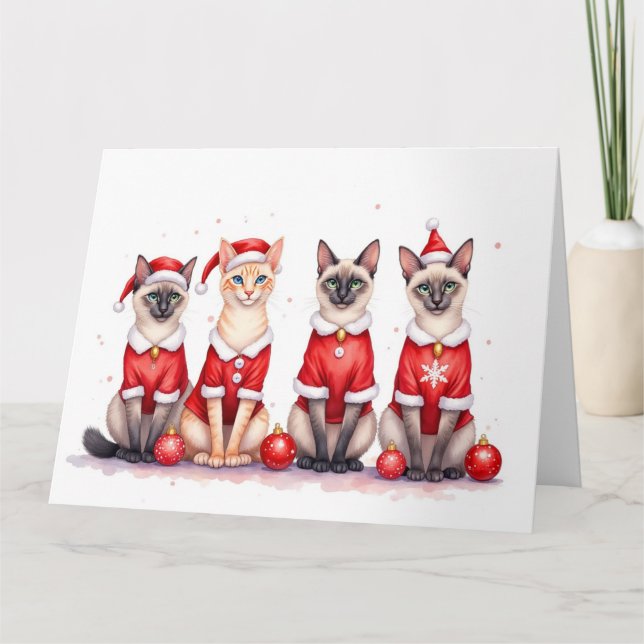 Siamese Cat Christmas Dress Santa Hat Card (Front)