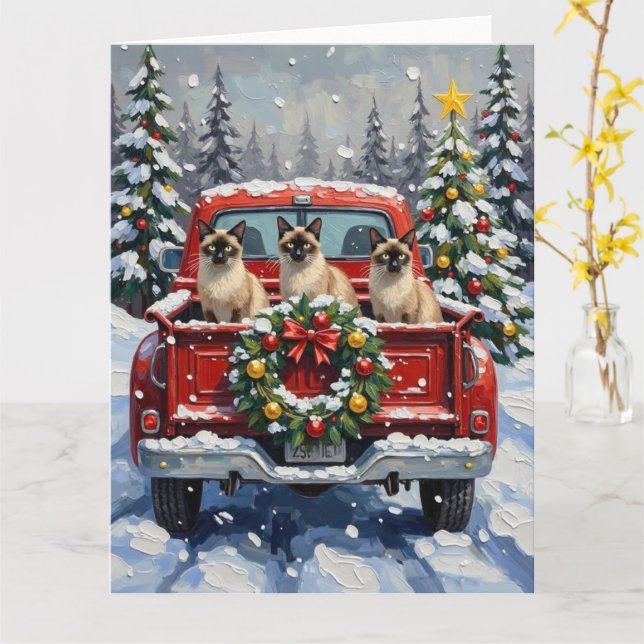 Siamese Cat Christmas Red Truck Holiday Card (Yellow Flower)