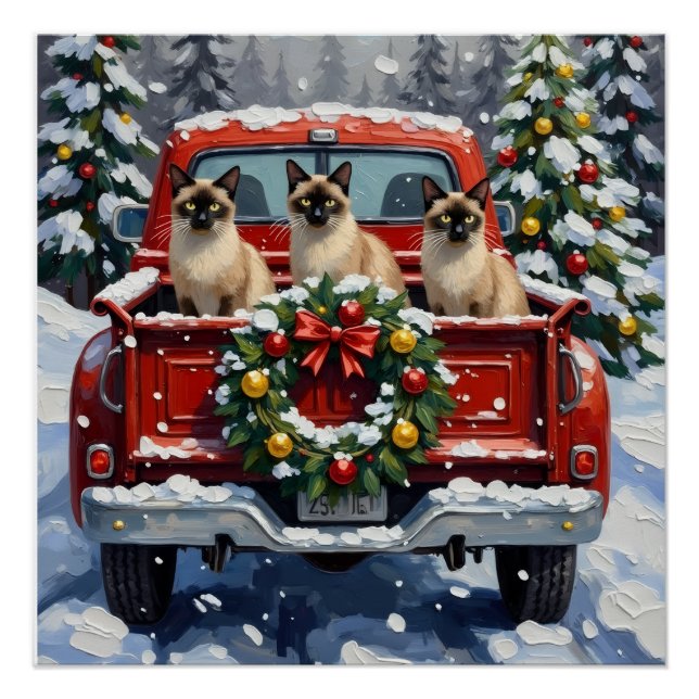 Siamese Cat Christmas Red Truck Holiday Poster (Front)