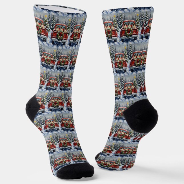 Siamese Cat Christmas Red Truck Holiday Socks (Angled)