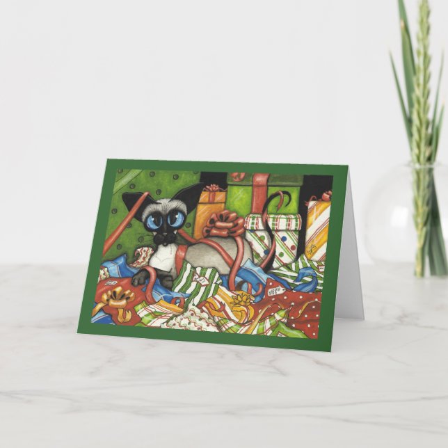 Siamese Cat Christmas Ribbon by Bihrle Holiday Card (Front)