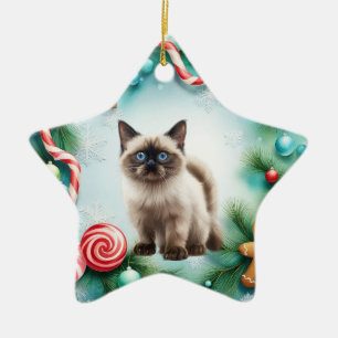 Siamese Cat Christmas themed Ceramic Ornament