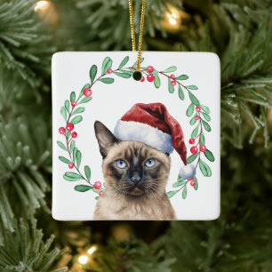 Siamese Cat Christmas themed Ceramic Ornament