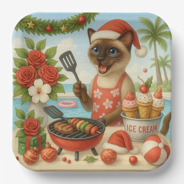 Siamese Cat Christmas themed for Cat Lover Paper Plates (Front)