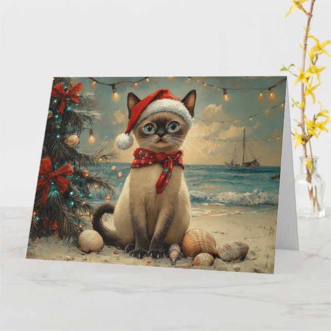 Siamese Cat Christmas Vintage Beach  Card (Yellow Flower)