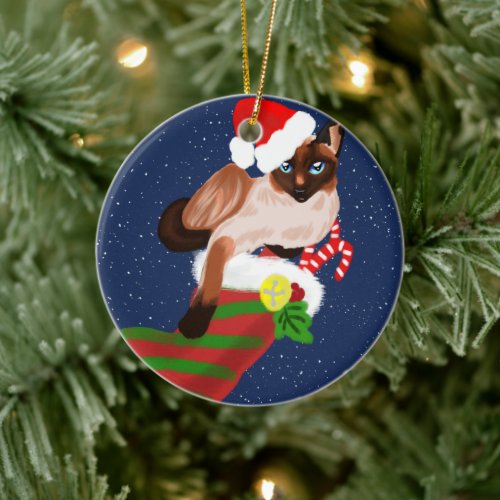 Siamese cat Christmas with stocking and Santa hat Ceramic Ornament