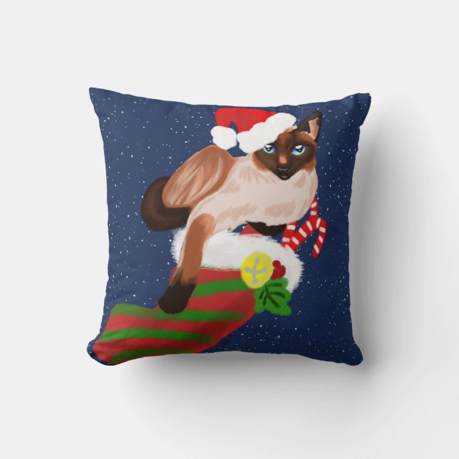 Siamese cat Christmas with stocking and Santa hat Throw Pillow (Front)