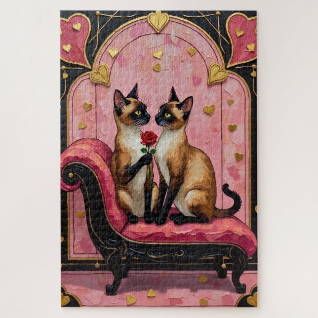 Siamese Cat Couple Art Deco Valentine's Day Jigsaw Puzzle (Vertical)