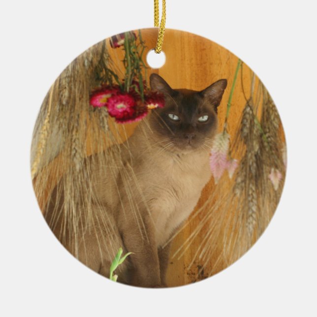 Siamese Cat Dried Flowers Animal Ornament (Front)