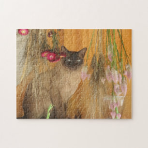 Siamese Cat Dried Flowers Photo Painting Jigsaw Puzzle