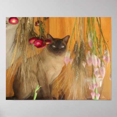 Siamese Cat Dried Flowers Photo Painting Poster