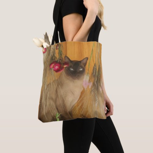 Siamese Cat Dried Flowers Photo Painting  Tote Bag