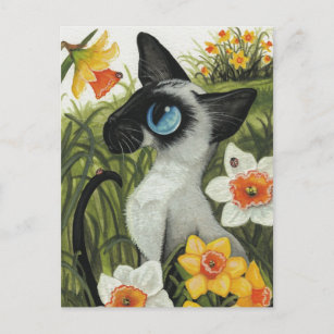 Siamese Cat Easter Spring Daffodils by BiHrLe Holiday Postcard