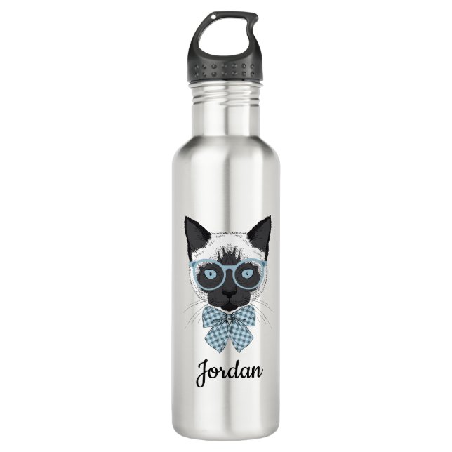 Siamese Cat Fashion Smart | Add Your Name Stainless Steel Water Bottle (Front)