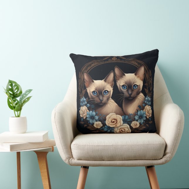 Siamese Cat Floral Design Throw Pillow (Chair)