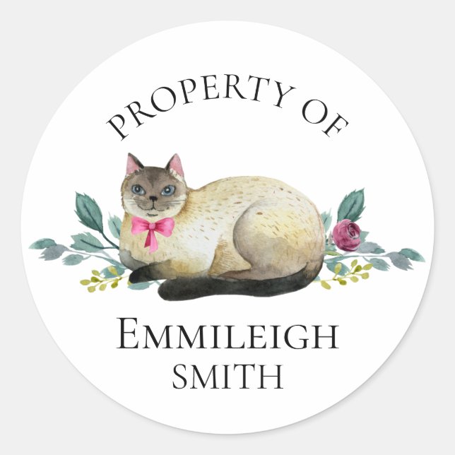 Siamese Cat Floral Property of Bookplate (Front)