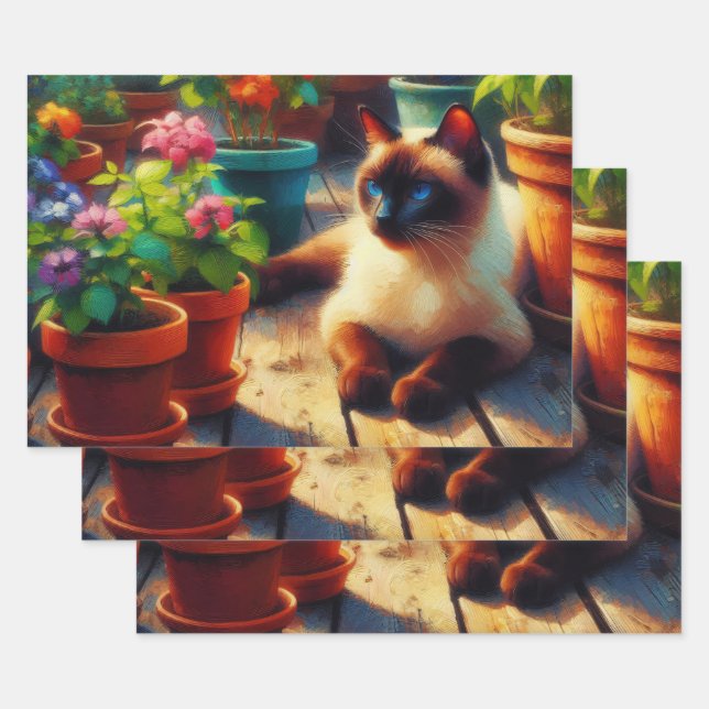 Siamese Cat Garden Oil Painting Decoupage Wrapping Paper Sheets (Set)