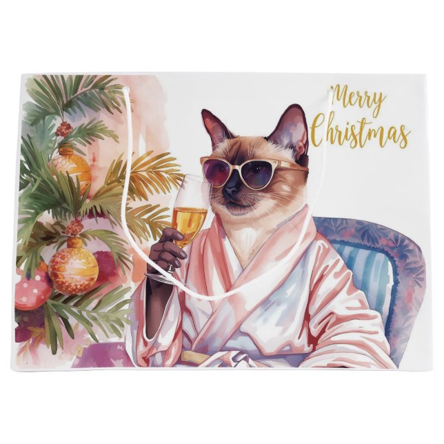 Siamese Cat Glam Christmas  Sipping Champagne  Large Gift Bag (Front)