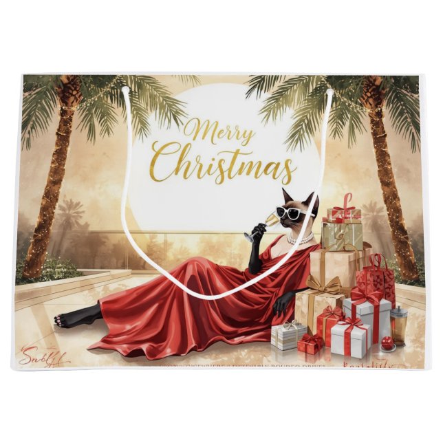 Siamese Cat Glam Christmas  Sipping Champagne  Large Gift Bag (Front)