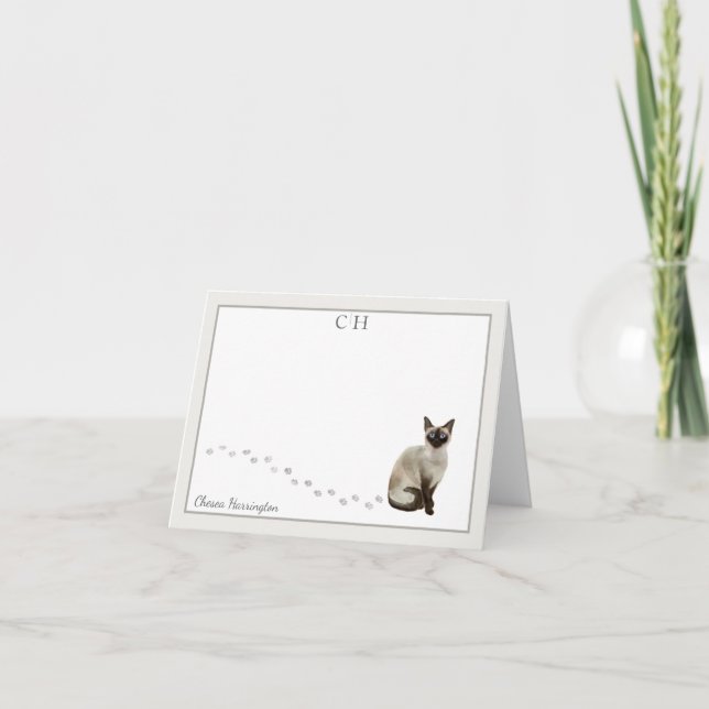 Siamese Cat Gray Border Monogram Name Folded Letterpress Thank You Card (Front)
