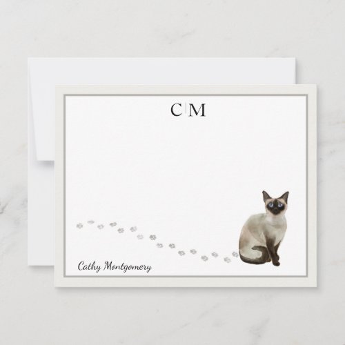 Siamese Cat Gray Border Monogram Name Note Card