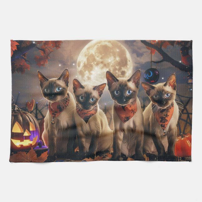 Siamese Cat Halloween Spooky Kitchen Towel (Horizontal)
