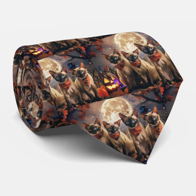 Siamese Cat Halloween Spooky Neck Tie (Rolled)