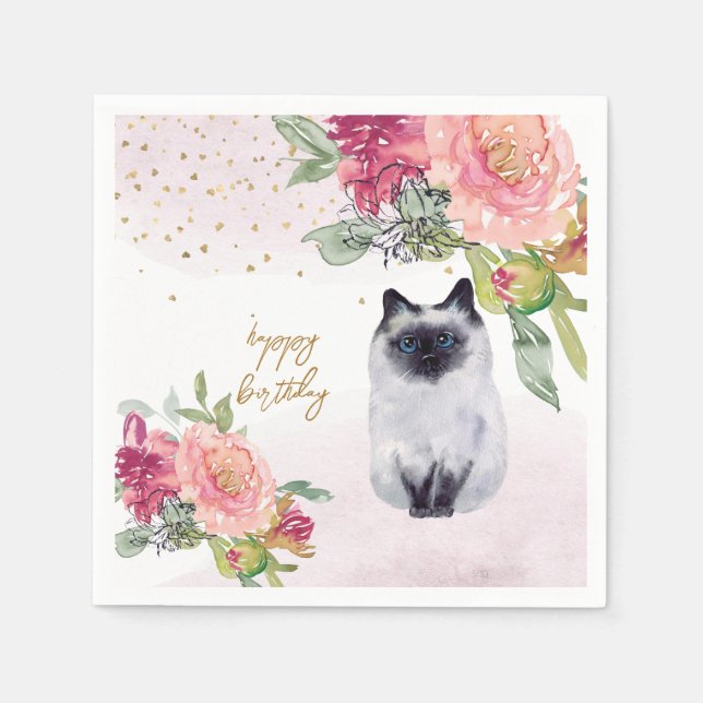 Siamese Cat Illustration Happy Birthday Girl Party Napkins (Front)