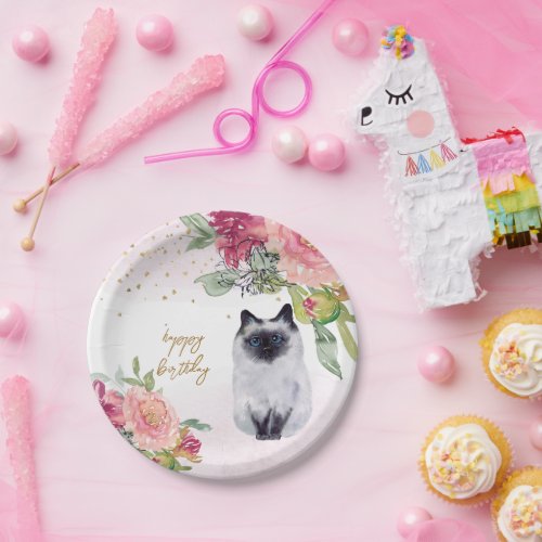 Siamese Cat Illustration Happy Birthday Girl Party Paper Plates