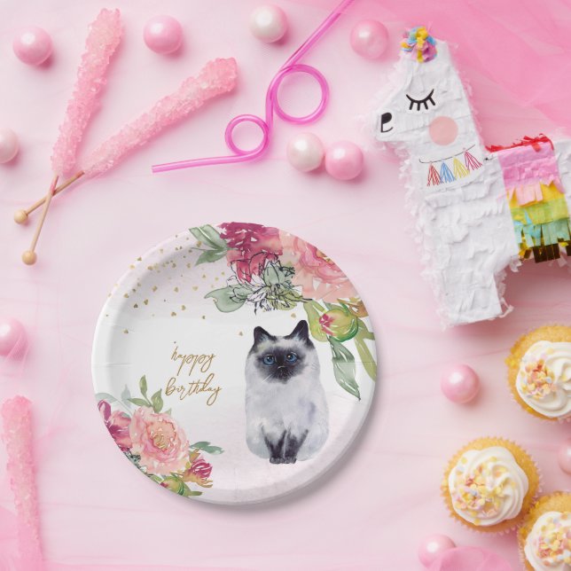 Siamese Cat Illustration Happy Birthday Girl Party Paper Plates (Party)