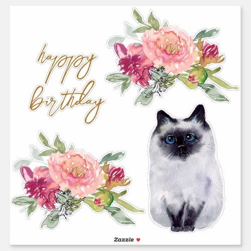 Siamese Cat Illustration Happy Birthday Girl Party Sticker