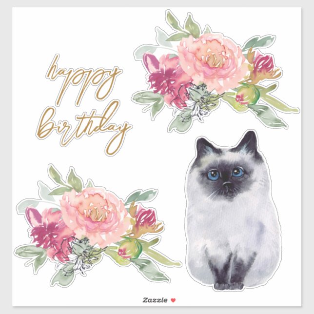 Siamese Cat Illustration Happy Birthday Girl Party Sticker (Sheet)
