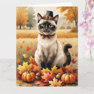 Siamese Cat In Autumn Leaves Thanksgiving Art Card