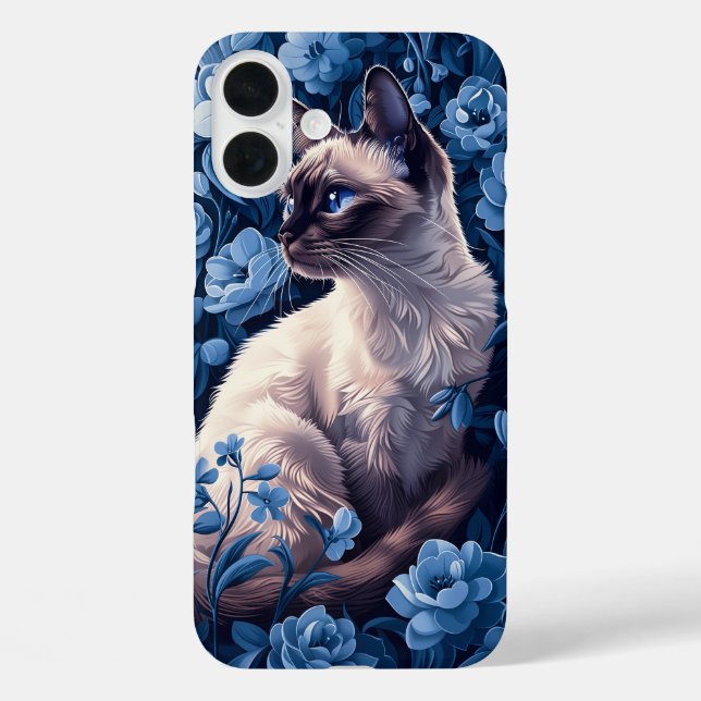 Siamese Cat in Blue Flowers Case-Mate iPhone Case (Back)