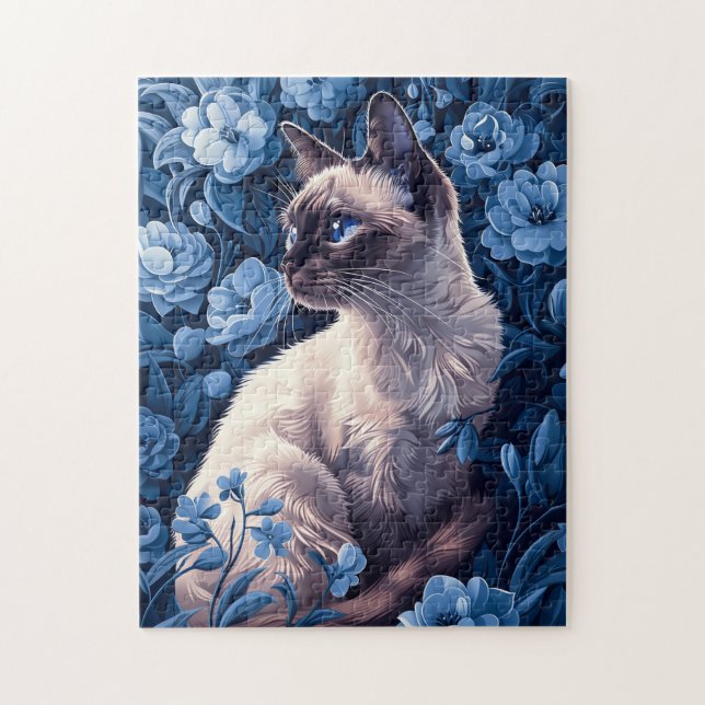 Siamese Cat in Blue Flowers Jigsaw Puzzle (Vertical)