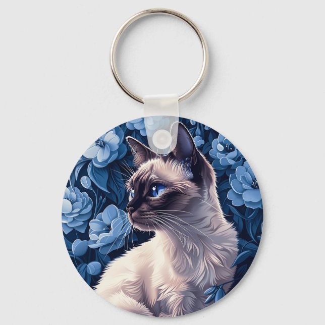 Siamese Cat in Blue Flowers Keychain (Front)
