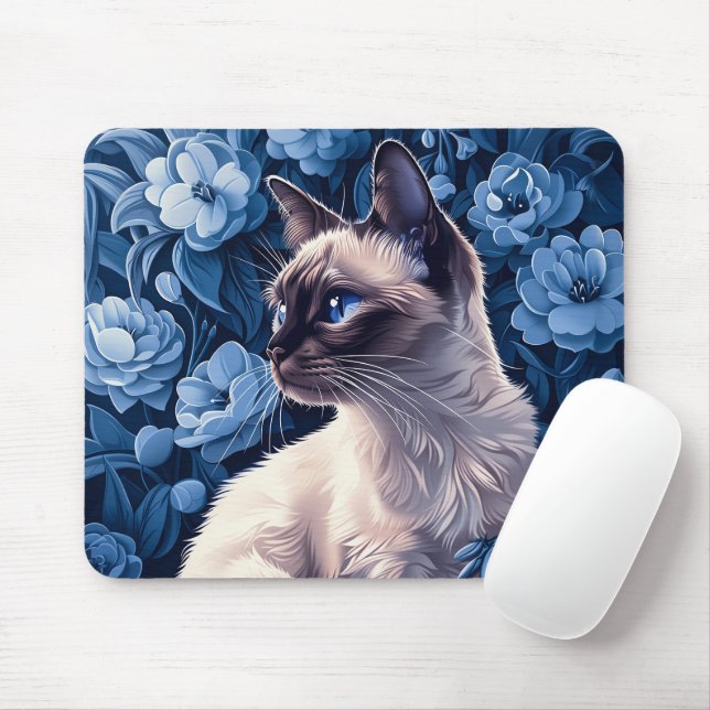 Siamese Cat in Blue Flowers Mouse Pad (With Mouse)