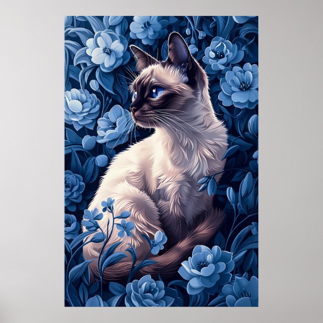 Siamese Cat in Blue Flowers Poster (Front)